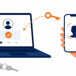 Passkeys for business: flat vector illustration of a laptop login approved by a phone face scan instead of a typed password.