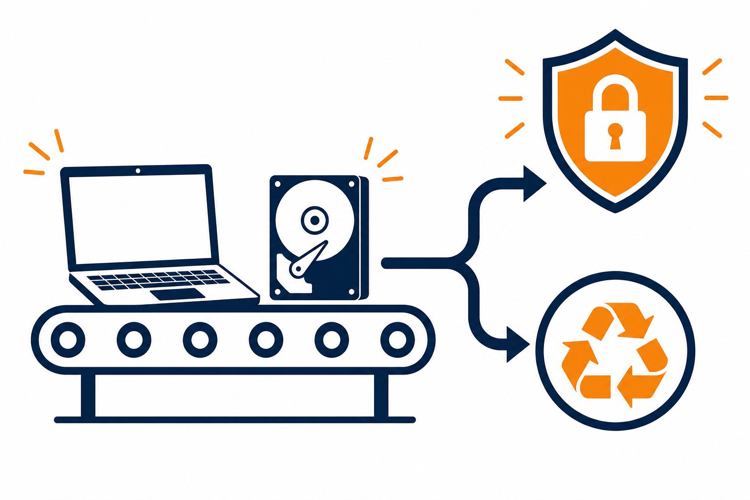 Secure IT disposal: flat vector of a retired laptop and drive being securely wiped and then recycled.