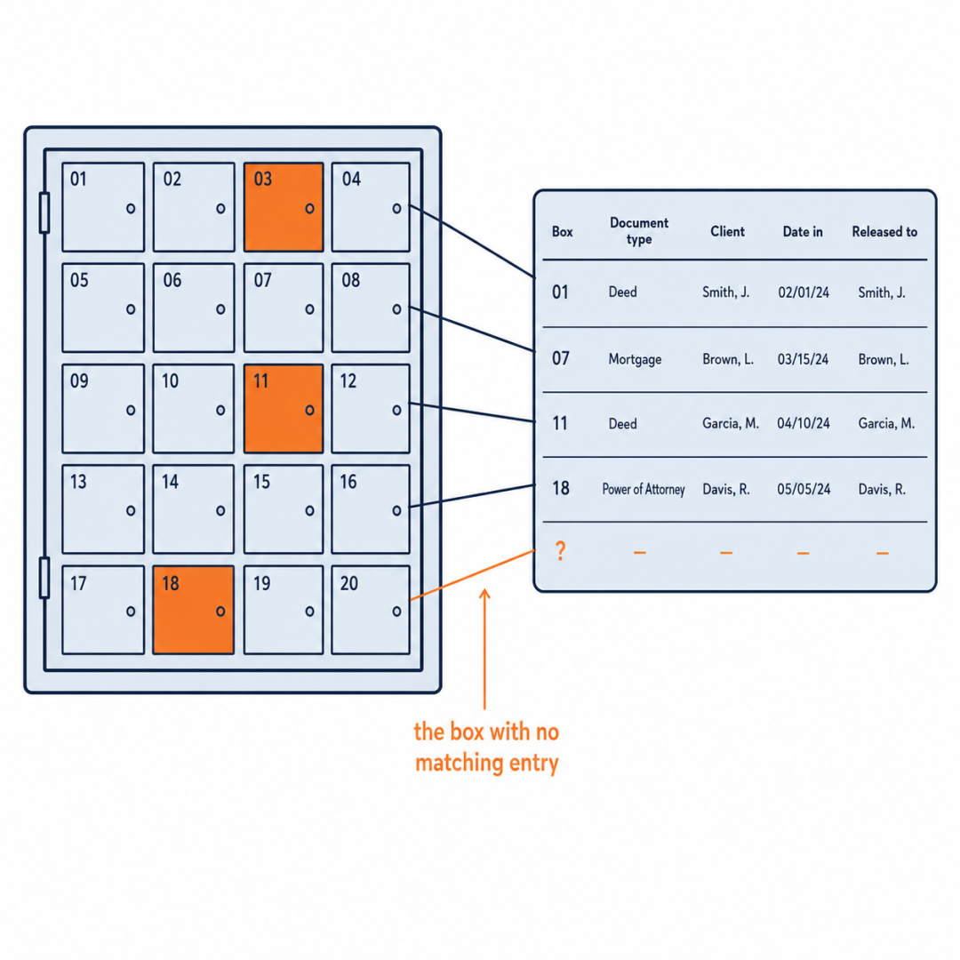 Law firm deed safe with numbered boxes linked to a digital safe custody register, showing one box with no record