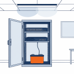 Flat vector banner showing an office comms cabinet with a UPS battery unit at its base while the ceiling light flickers