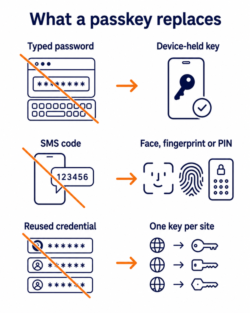 What a passkey replaces: flat vector showing typed passwords and SMS codes replaced by a device-held key