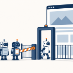 AI crawlers banner showing robots queueing at a website gate, one allowed, one blocked, one bypassing