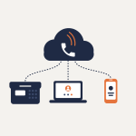 A cloud phone system connecting a desk phone, a laptop app and a mobile app to one hosted platform
