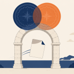 Data sovereignty banner showing a business file crossing a border arch under two overlapping legal seals