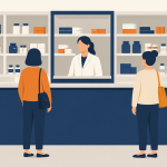 IT for pharmacies banner showing a counter, dispensary window and fridge with three waiting customers