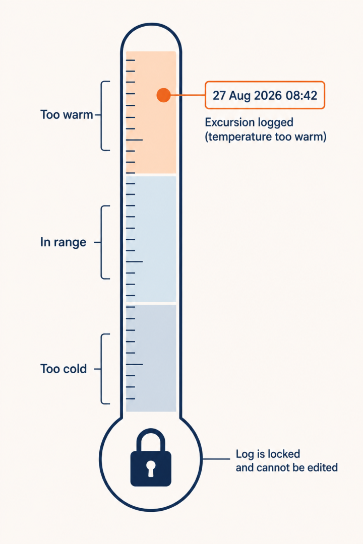IT for pharmacies cold chain gauge showing a logged temperature excursion outside the safe range