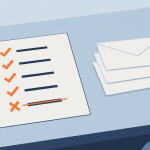 IT strategy banner: a short document with decisions ticked and one crossed out, beside a stack of unopened supplier quotes