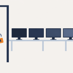 Ransomware protection banner showing an open padlock and a row of screens going dark