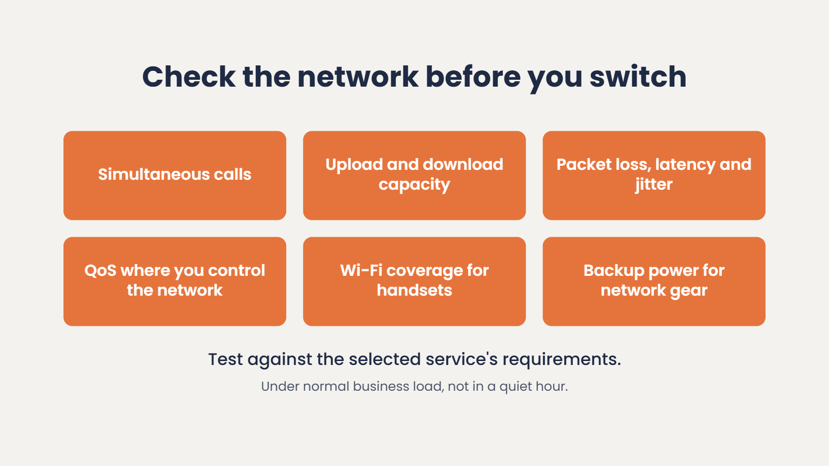 Network checks before switching to VoIP: simultaneous calls, capacity, packet loss, latency and jitter, QoS, Wi-Fi coverage and backup power