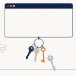 Website hosting and maintenance banner showing a browser window above a key ring with four keys