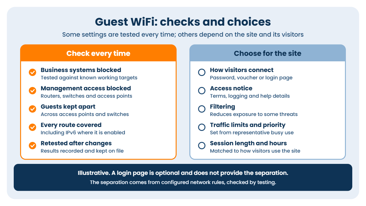 Guest WiFi checks and choices: business systems, management access and guest-to-guest paths are blocked and retested, while the access method, notice, filtering, limits and session length are chosen for the site