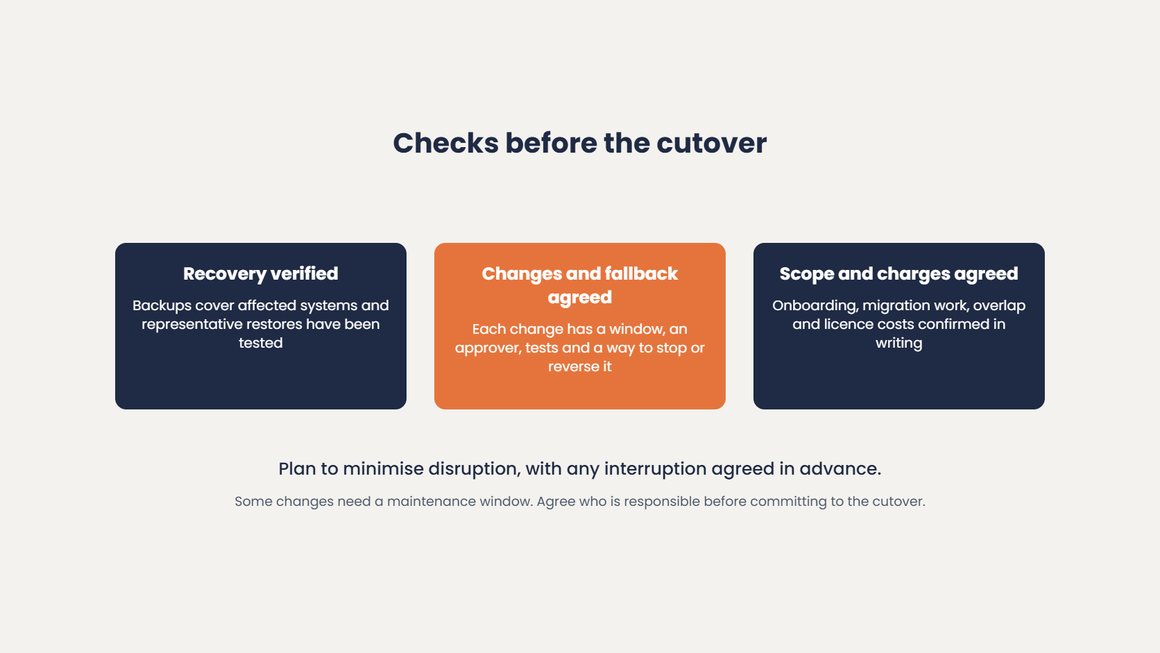 Checks before the cutover when you switch IT providers: recovery verified, changes and fallback agreed, and scope and charges agreed